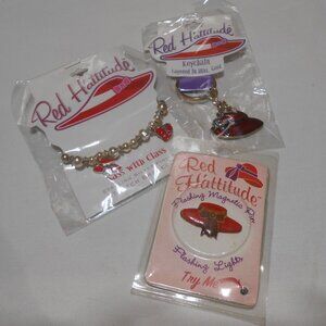 NEW SEALED LOT RED HATTITUDE 18k GOLD KEYCHAIN, MAGNETIC HAT PIN, & BRACELET  👒